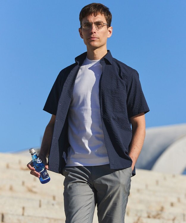 GOTAIRIKU リラックスシルエット【高通気性/吸水速乾】ドッツエアー クールマックスサッカーシャツ ネイビー系