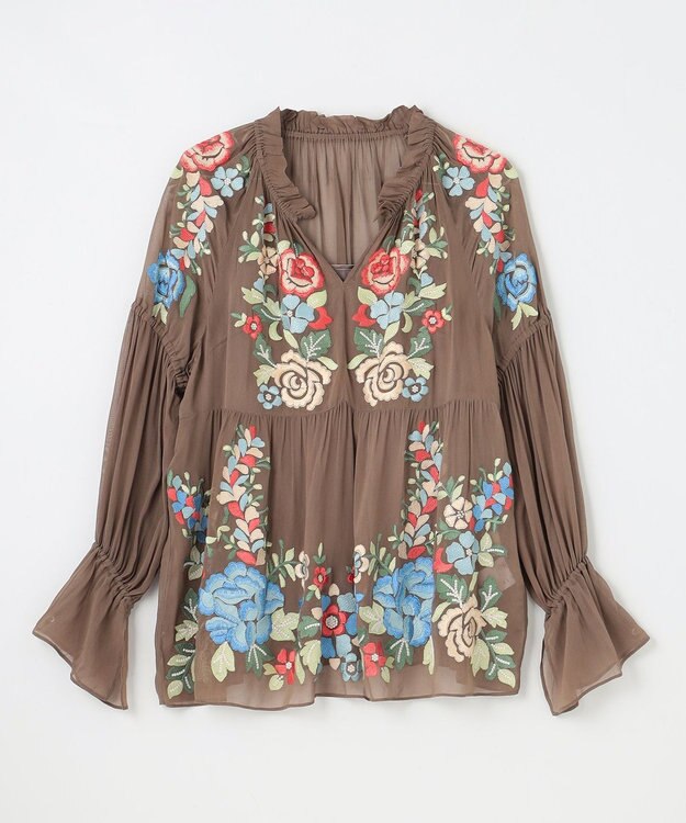 GRACE CONTINENTAL フラワー刺繍ギャザートップ カーキ