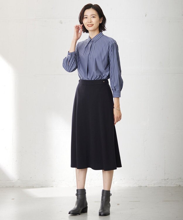 J.PRESS LADIES L ストライプジャージー シャツカラー カットソー ライトグレー系1