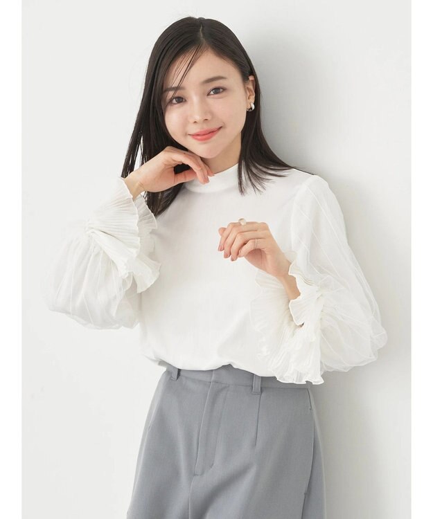 earth music&ecology チュール袖スタンドカラートップス Off White