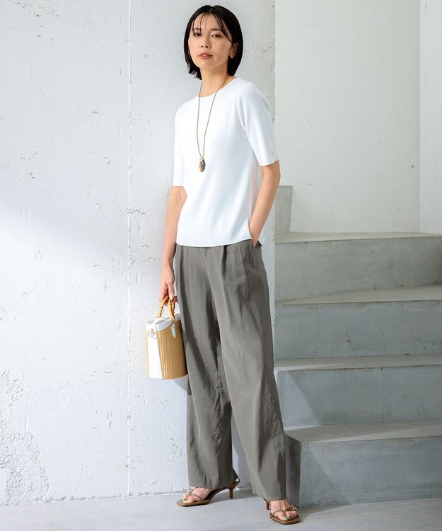 23区 【洗える】リネンレーヨンストレッチ ドロスト パンツ カーキ系