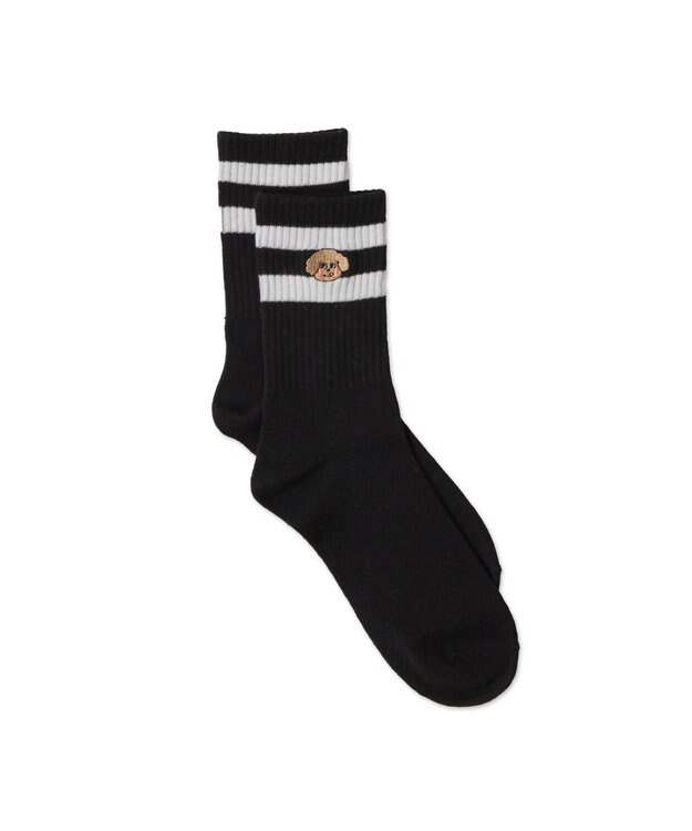 WEGO ラインモコイヌ刺繍クルーソックス ブラック