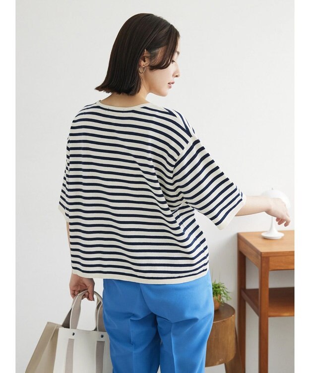 Green Parks 洗える　ニットＴシャツ Border Navy