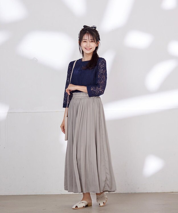 Tiaclasse L 【洗える】ギャザーネックレースブラウス ネイビー