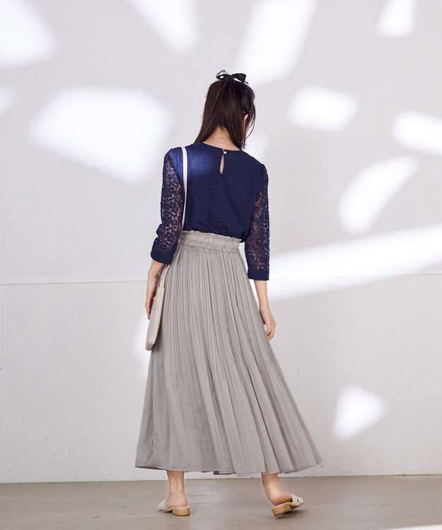 Tiaclasse L 【洗える】ギャザーネックレースブラウス ネイビー