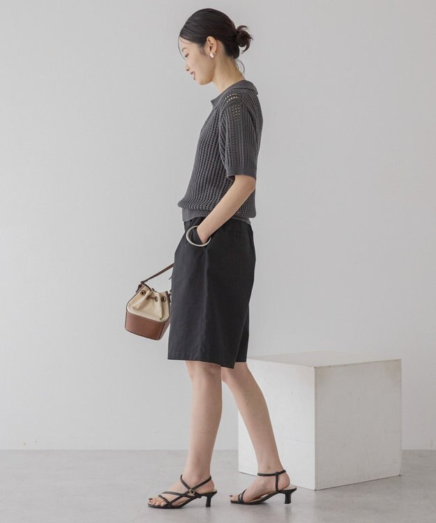 AMERICAN HOLIC 衿付きメッシュ編み半袖ニットプルオーバー Charcoal Gray