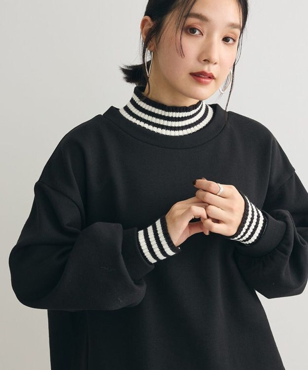 Green Parks 配色リブニットドッキング裏起毛プルオーバ Black