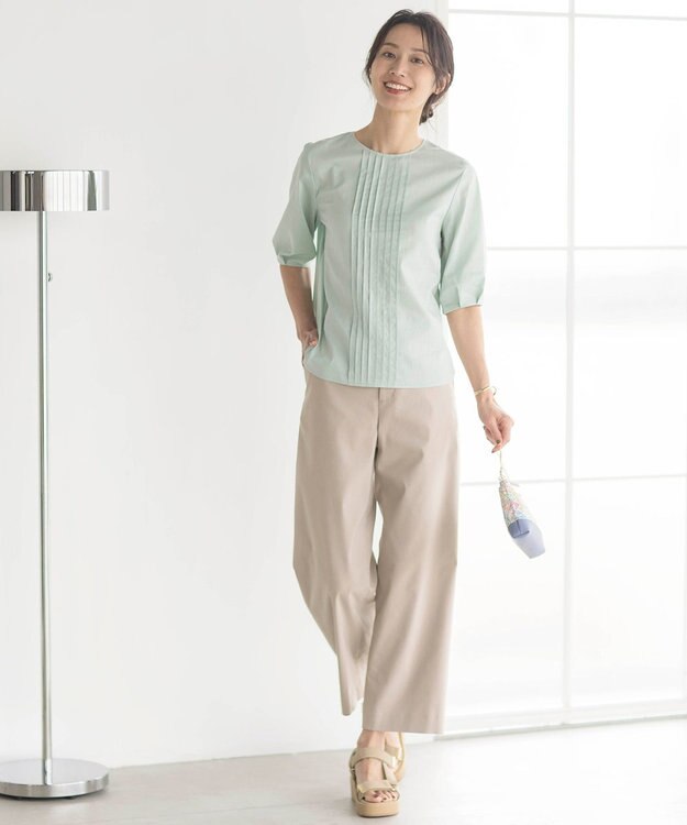 J.PRESS LADIES L 【洗える】リネンストレッチ ワイド パンツ ベージュ系