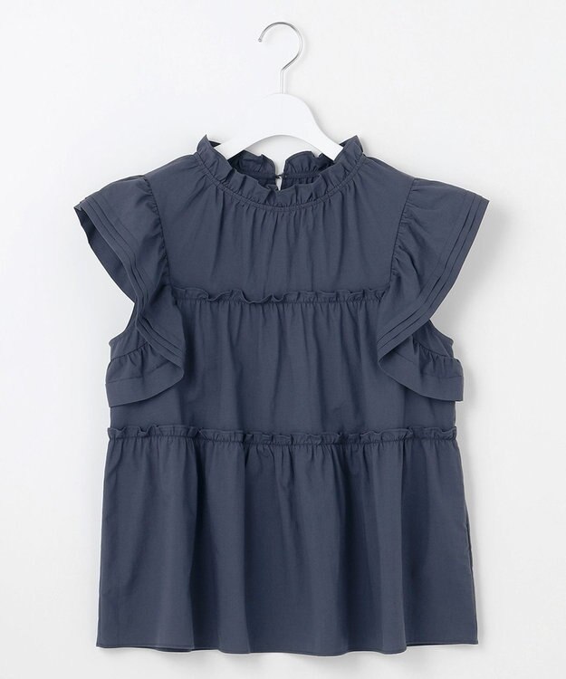 Feroux 【洗える】ペプラムシルエットフリルブラウス ネイビー系