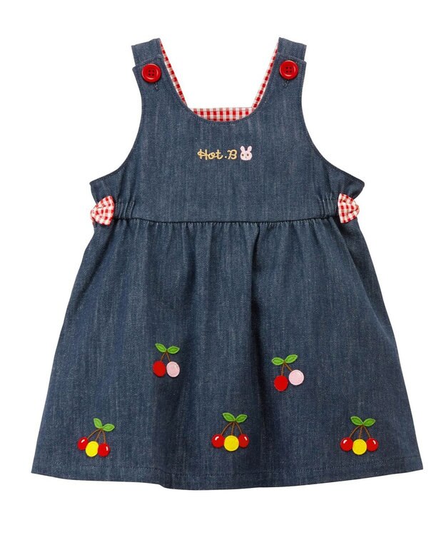 MIKI HOUSE HOT BISCUITS 【70-110cm】 さくらんぼ刺繍 デニム ジャンパースカート 紺