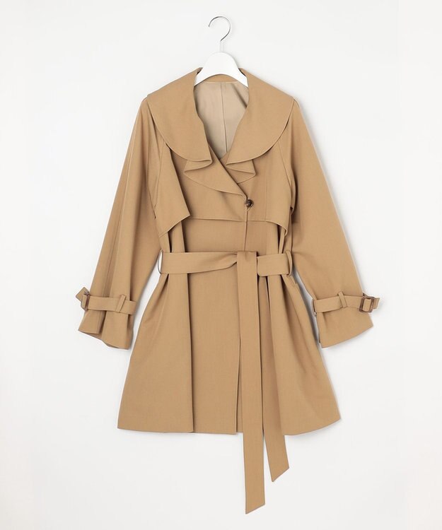 Feroux 【洗える】ラッフルカラーミドル丈 トレンチ キャメル系