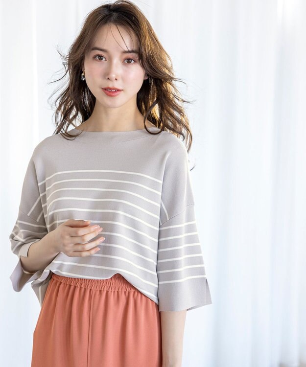 ANY SIS 【接触冷感・UVカット・洗える】ビューティクールボートネック プルオーバー グレー×オフ