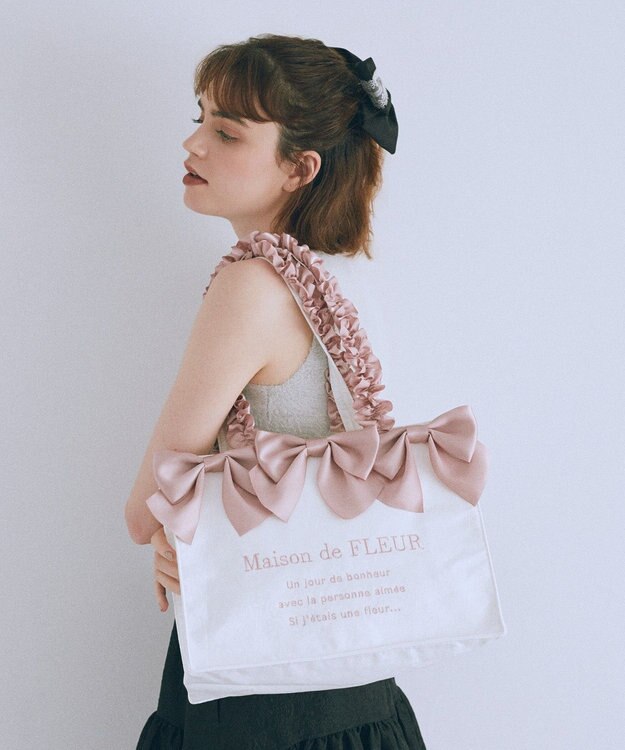Maison de FLEUR ジャカードリボンフリルスクエアトートMバッグ Ivory