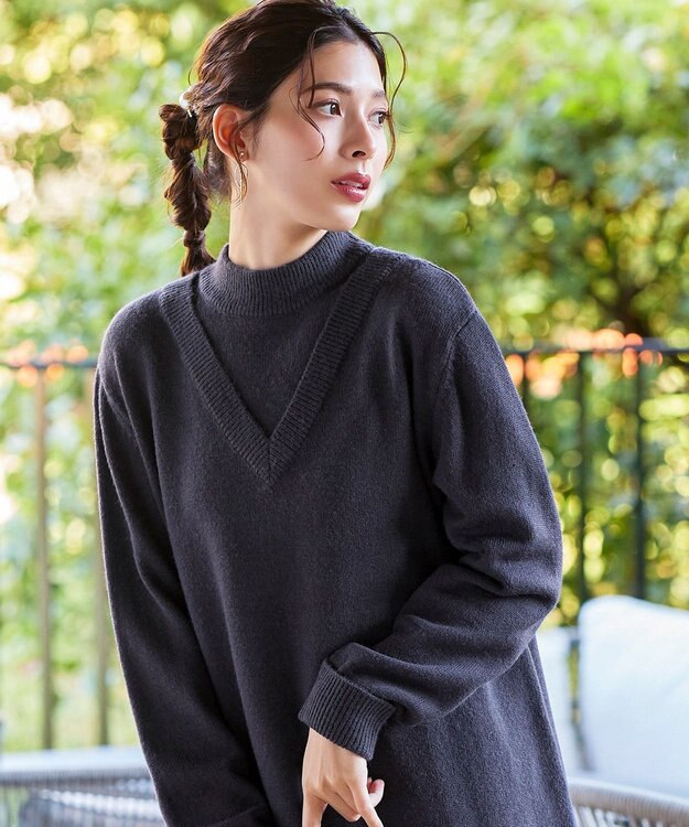 Tiaclasse L 【洗える】重ね着風ニットトップス チャコールグレー