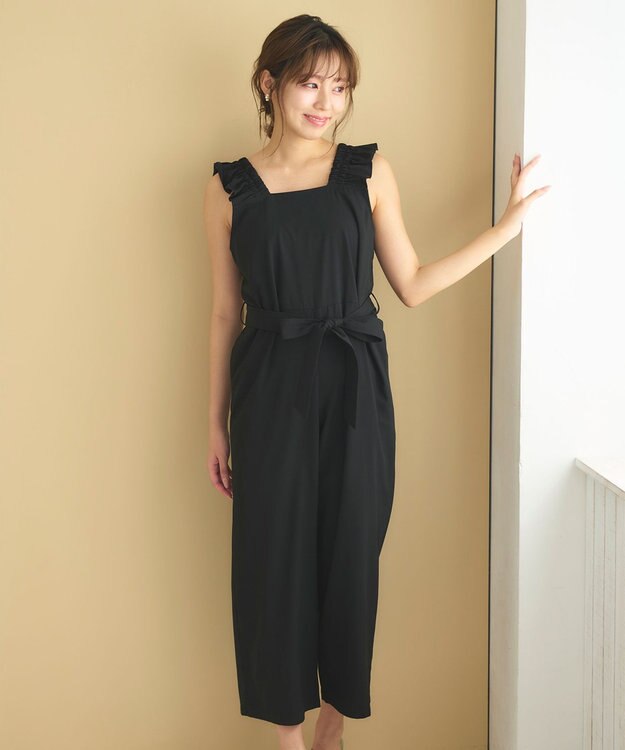 Feroux 【洗える】ショルダーフリル オールインワン ブラック系