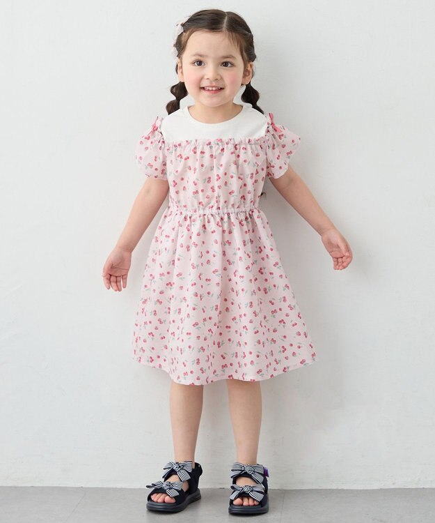 ANY KIDS 【洗濯機可能】オンオフショルダーワンピース ピンク×フルーツ