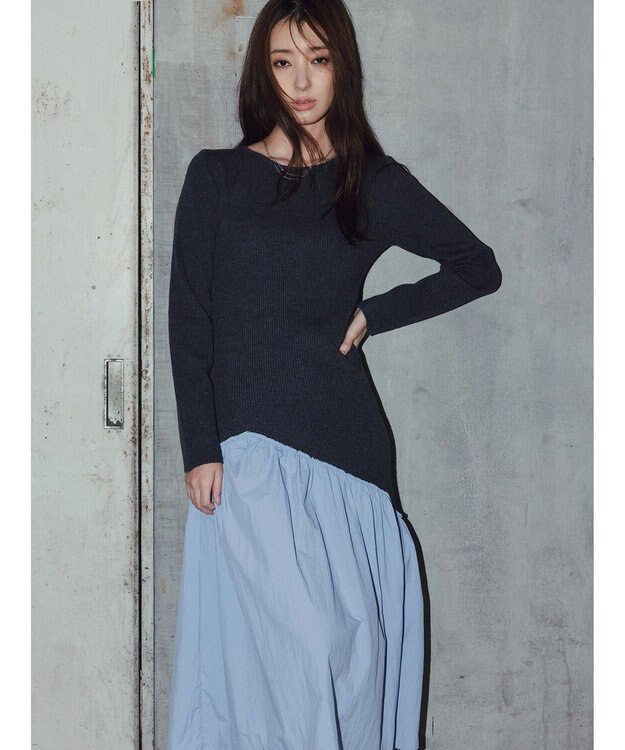 Te chichi 【宮本茉由着用】リブニットドッキングアシメワンピース チャコールグレー