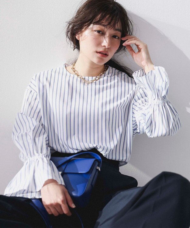 UNFILO 【洗える/吸水速乾】イージーケア キャンディスリーブ ブラウス ブルーストライプ