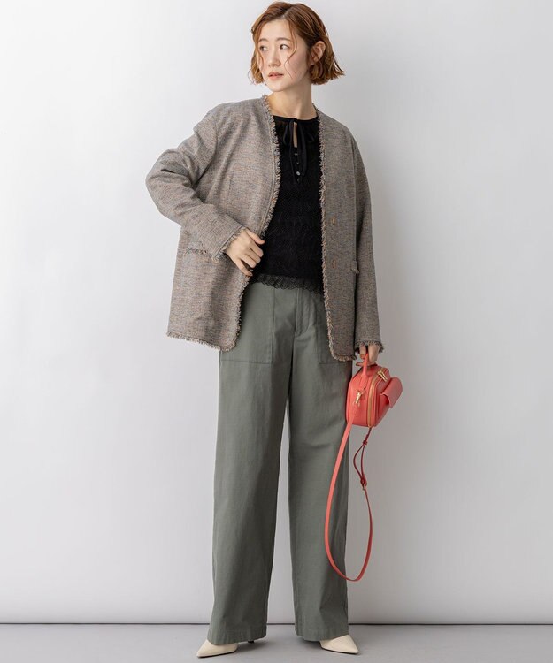 23区 【先行予約】リネンライクブッチャー フリンジノーカラージャケット ダークブラウン系