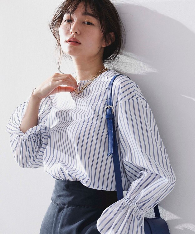 UNFILO 【洗える/吸水速乾】イージーケア キャンディスリーブ ブラウス ブルーストライプ