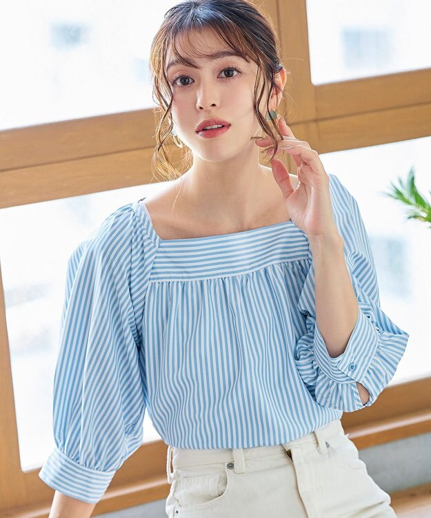 Tiaclasse L 【洗える】ストライプパフスリーブブラウス サックス