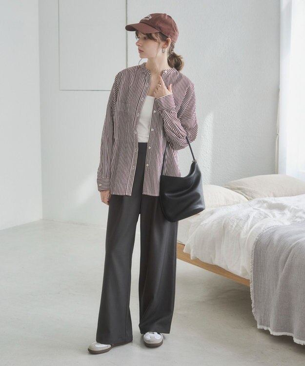 WEGO 着丈が選べる オーバーサイズ バンドカラー シャツ / ストライプ / 無地 ブラウンストライプ