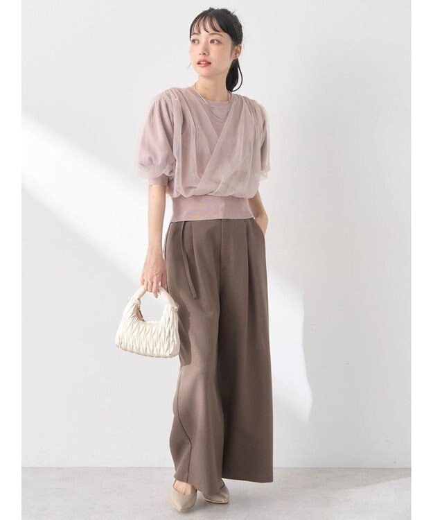 earth music&ecology チュールドッキング半袖ニットプルオーバー Pink