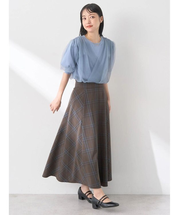 earth music&ecology チュールドッキング半袖ニットプルオーバー Blue