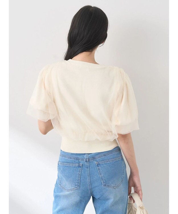 earth music&ecology チュールドッキング半袖ニットプルオーバー Ivory
