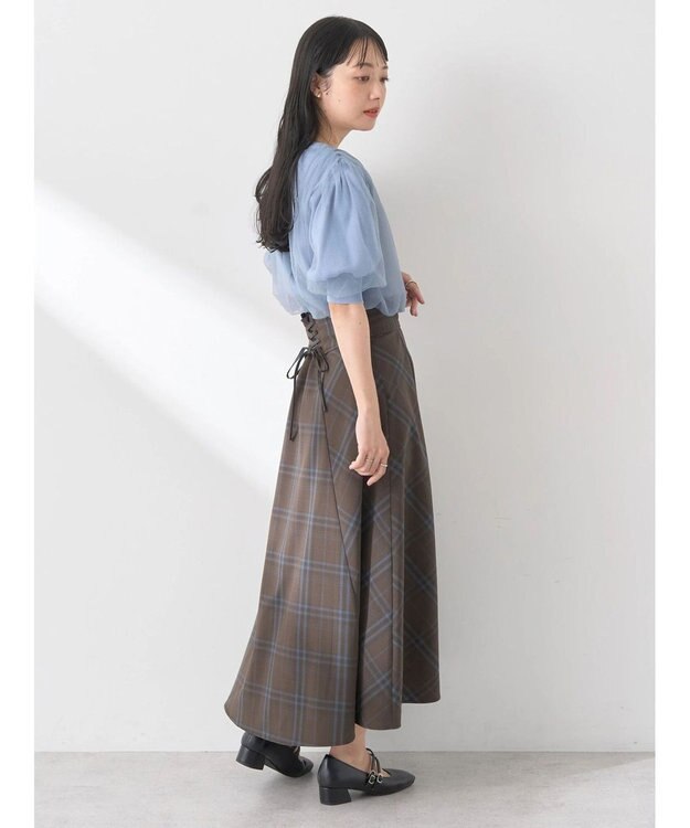 earth music&ecology チュールドッキング半袖ニットプルオーバー Blue