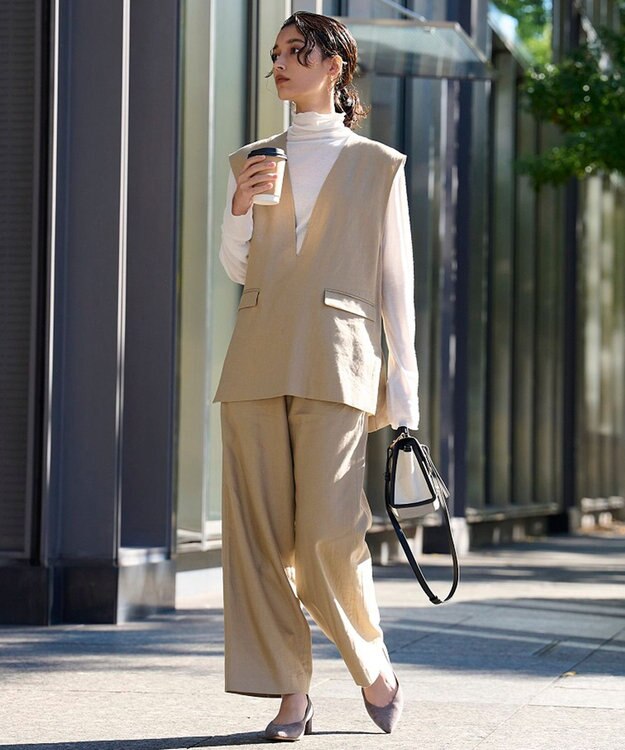 UNFILO 【洗える】リネンミックスツイル ワイドパンツ ベージュ