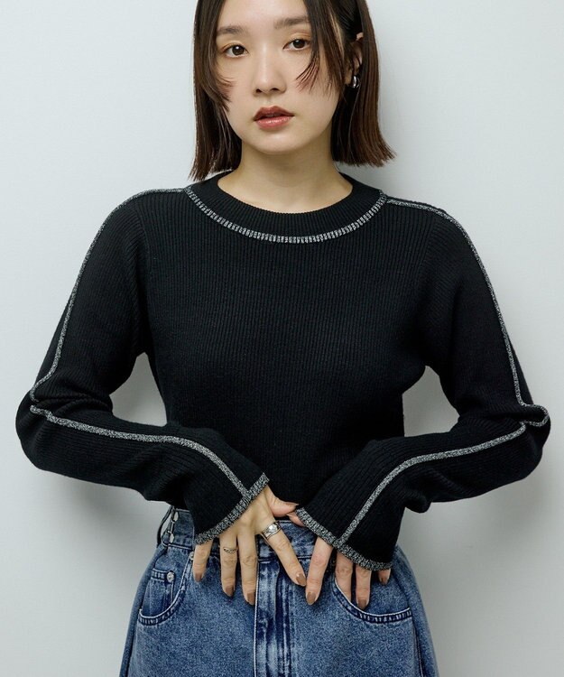 Green Parks ラメライン入りリブニットプルオーバー Black