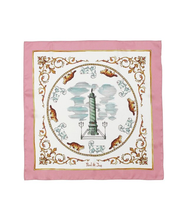 MOONBAT PAUL&JOE ACCESSOIRES(ポール & ジョー) シルクスカーフ 空 オーステルリッツ記念柱 ネコと毛糸 気球 65cm×65cm 手洗いOK ピンク
