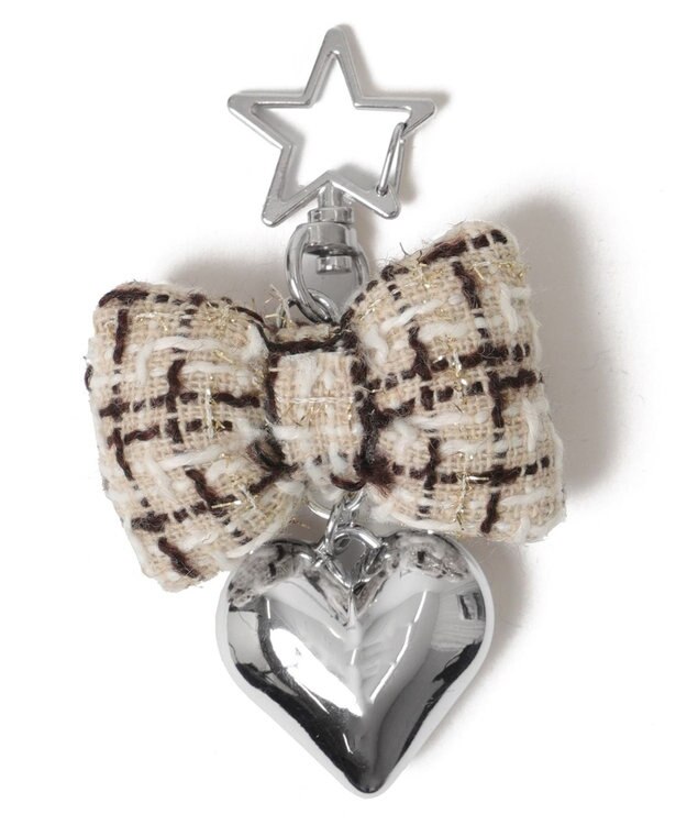 WEGO ツイードリボンハートキーホルダー ベージュ