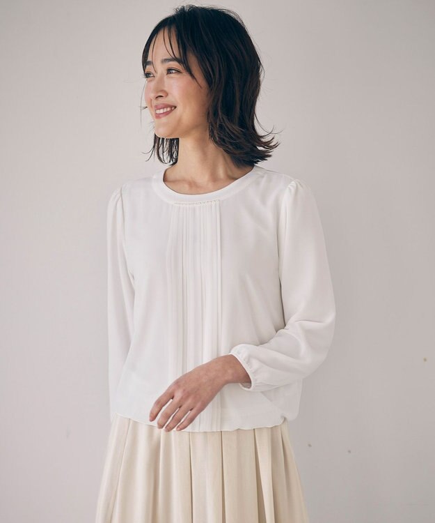 ANY SIS 【洗える】フロントプリーツシフォン ブラウス オフ