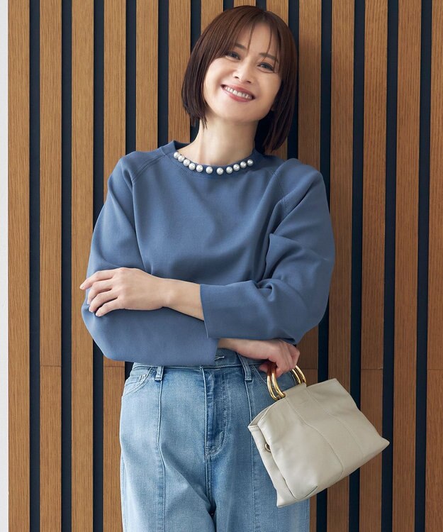 自由区 【洗える】パールディティールプルオーバー ニット ブルー