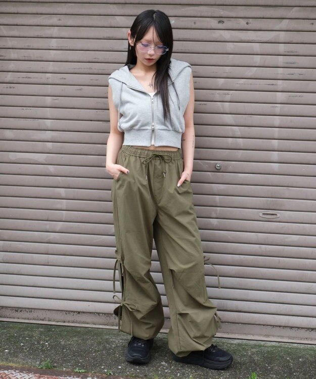 WEGO 【ウエストゴム】サイドリボンパラシュートパンツ オリーブ