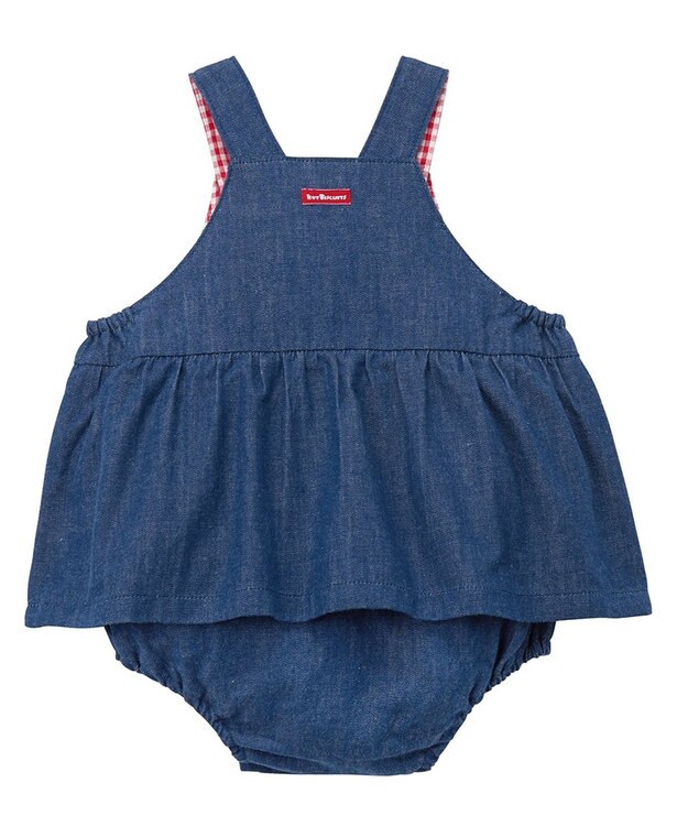 MIKI HOUSE HOT BISCUITS 【70-90cm】 顔ドン スカート付きデニムロンパース 紺