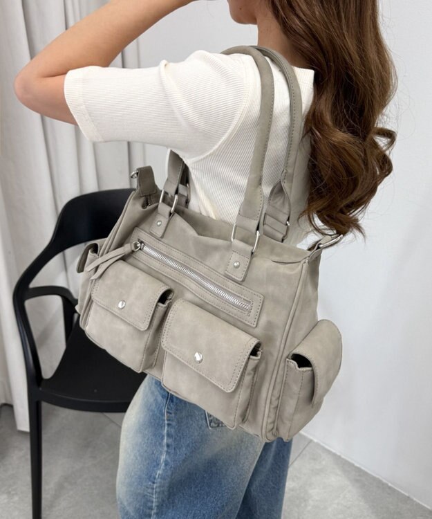 WEGO ポケットデザインボストンショルダー ベージュ