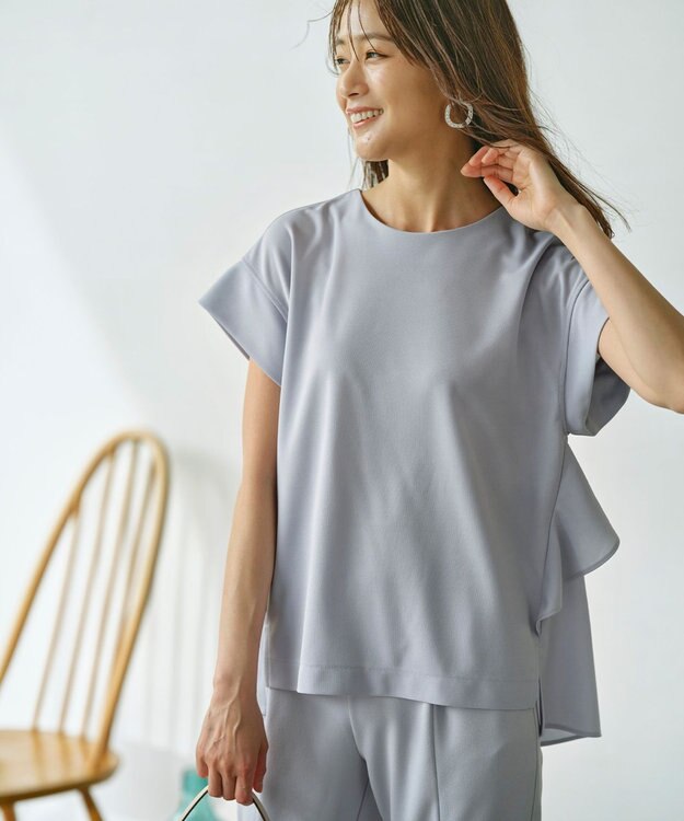 組曲 S 【接触冷感・UVケア】ライトアムンゼンジャージー フリルブラウス ブルーグレー系