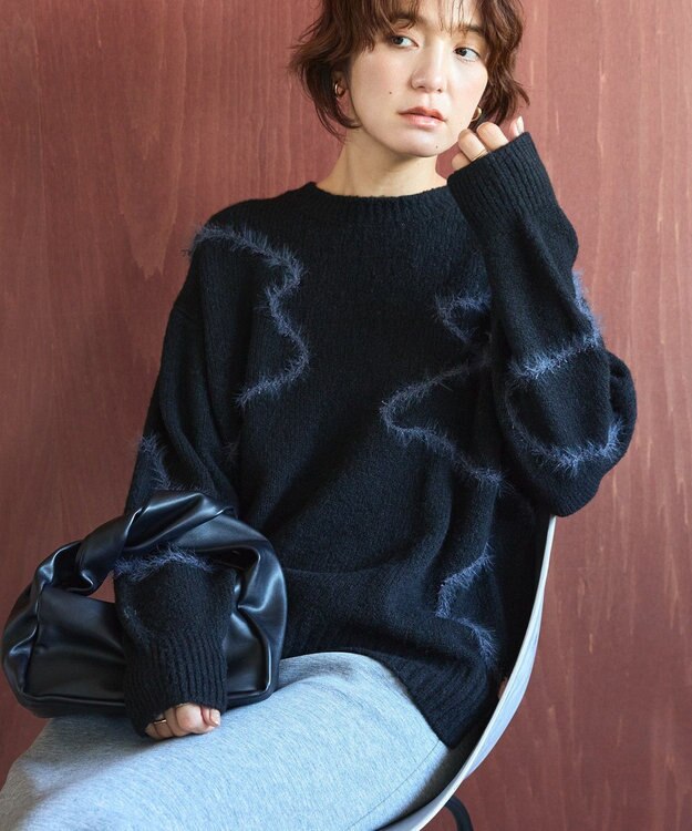 AMERICAN HOLIC ニュアンスライン柄ニットプルオーバー Black