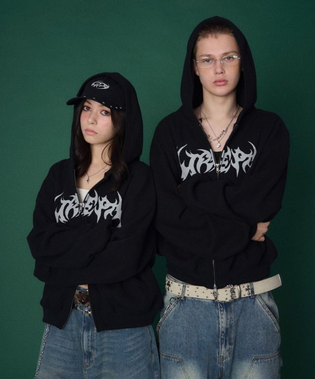 WEGO 【ユニセックス着用ITEM】ワッフルグラフィックカットZIPパーカー ブラック