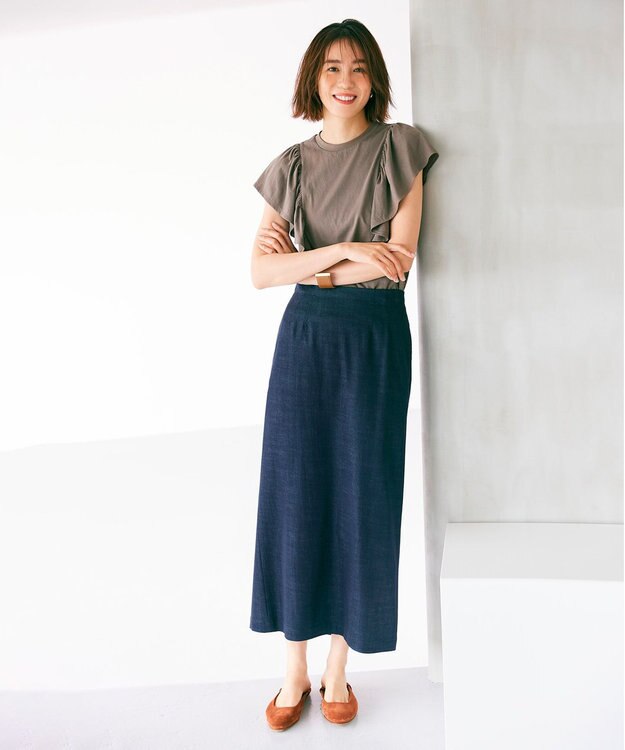 UNFILO L 【吸水速乾/マシンウォッシャブル】フリルスリーブ Tシャツ ダークブラウン系