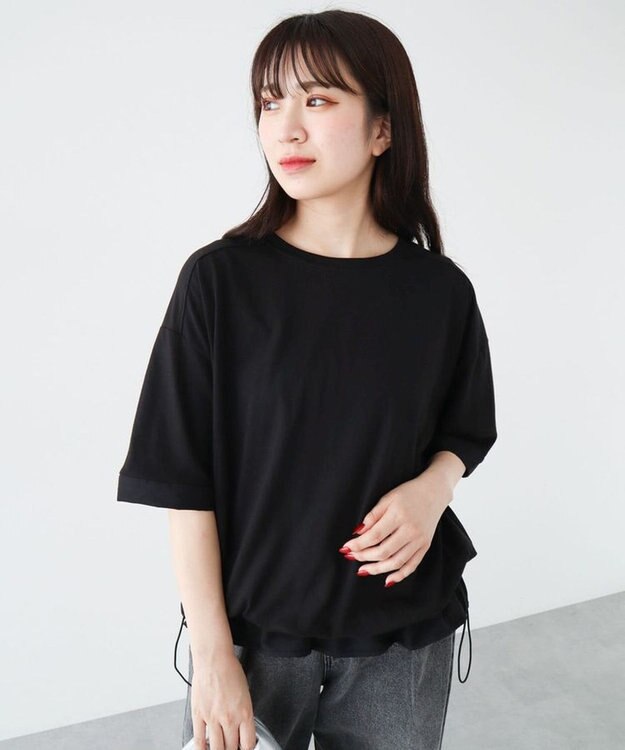 Green Parks 裾ドロスト５分袖ドッキングチュニック Black