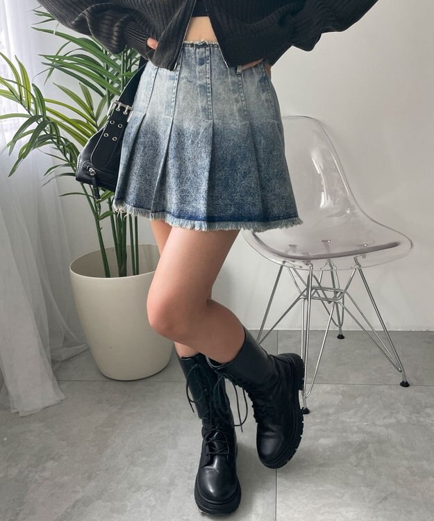 WEGO ヴィンテージウォッシュプリーツスカパン デニム中濃加工色