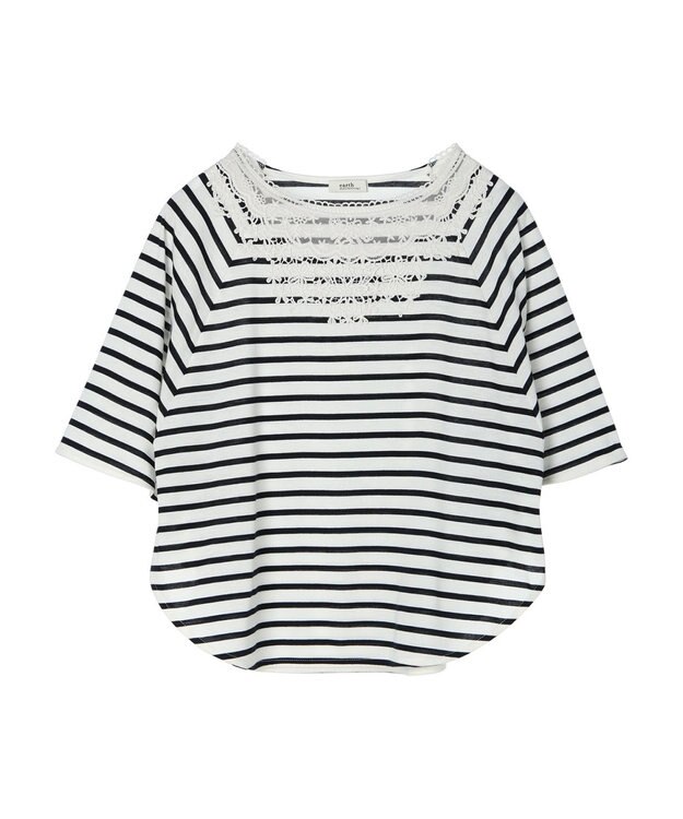 earth music&ecology 襟レースボーダーポンチョ Navy