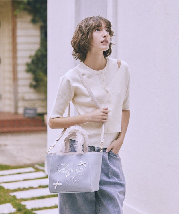 Maison de FLEUR チュールハンドルラインストーンデニムトート Light Blue