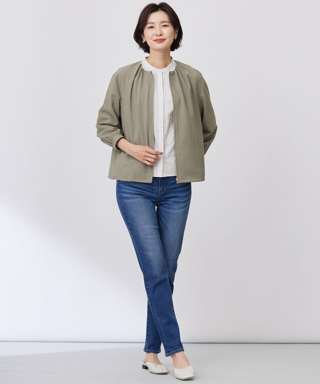 J.PRESS LADIES S 【洗える・接触冷感・防シワ・吸水速乾】BREEZE COOL  ノーカラー ブルゾン カーキ系