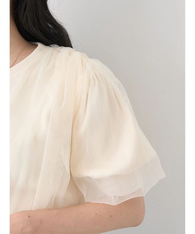 earth music&ecology チュールドッキング半袖ニットプルオーバー Ivory