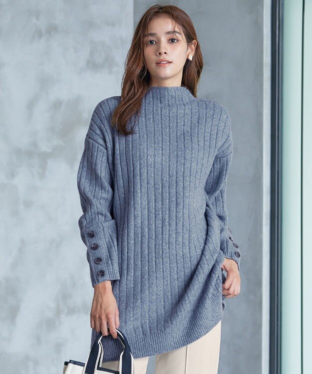 Tiaclasse L 【洗える】袖ボタンメランジニットチュニック ブルー